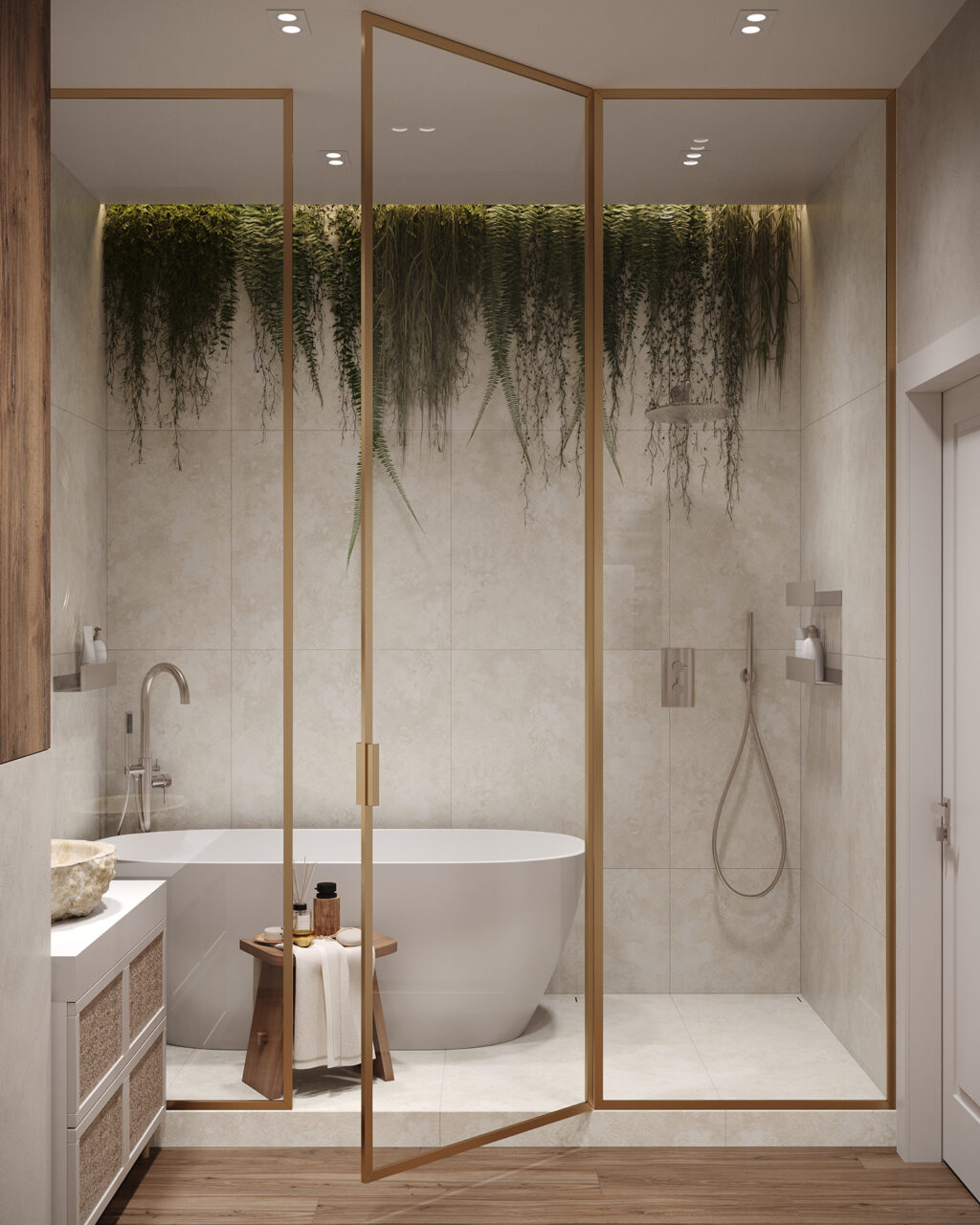 bathroom with hanging vines