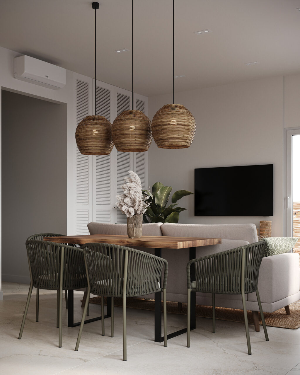 cozy dining area with rattan pendant lights