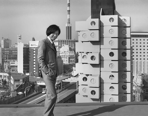 Kishō Kurokawa in front of the completed Nakagin Capsule Tower, 1974. Photo: Tomio Ohashi Kishō Kurokawa in front of the completed Nakagin Capsule Tower, 1974. Photo: Tomio Ohashi