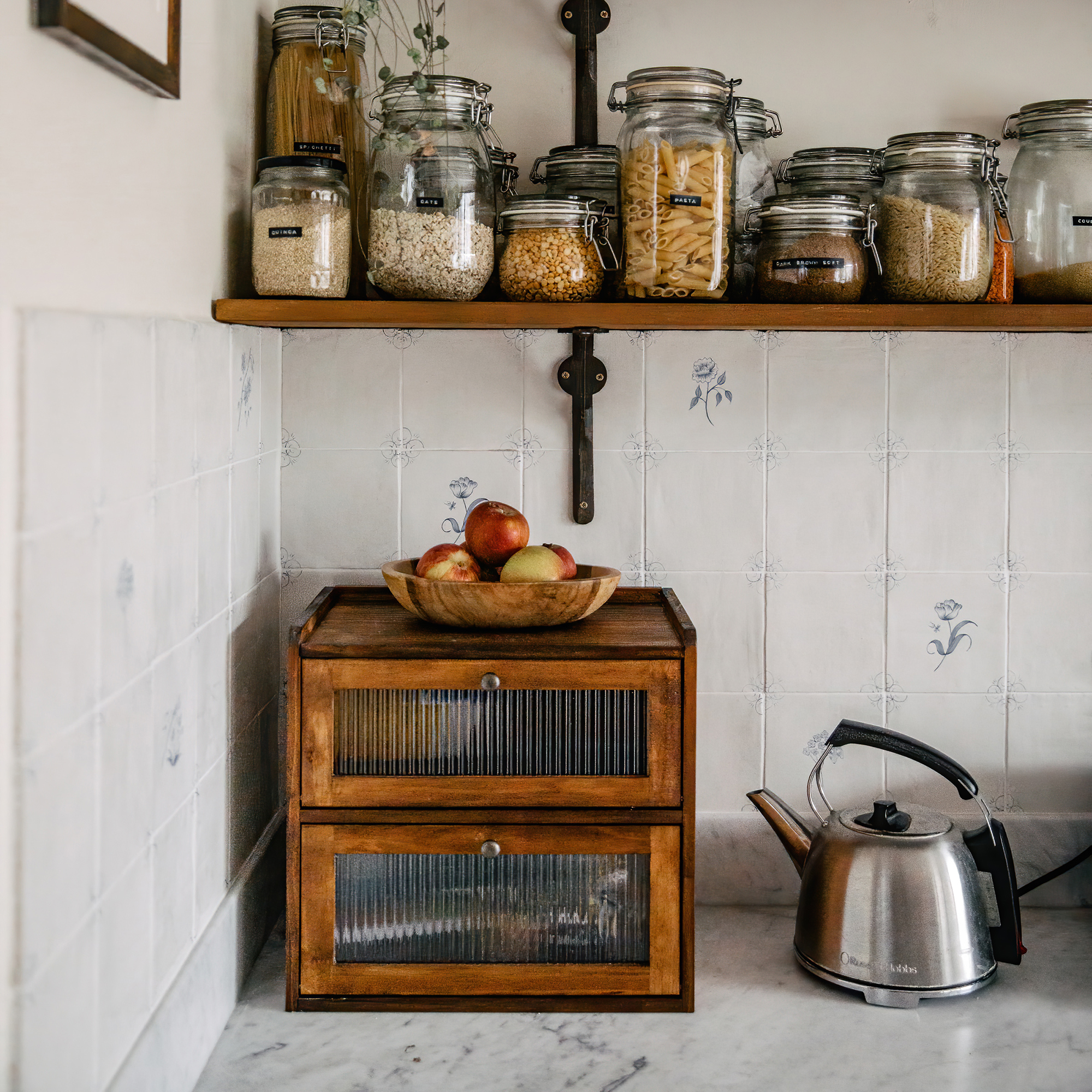 Delft tiles in wooden kitchen